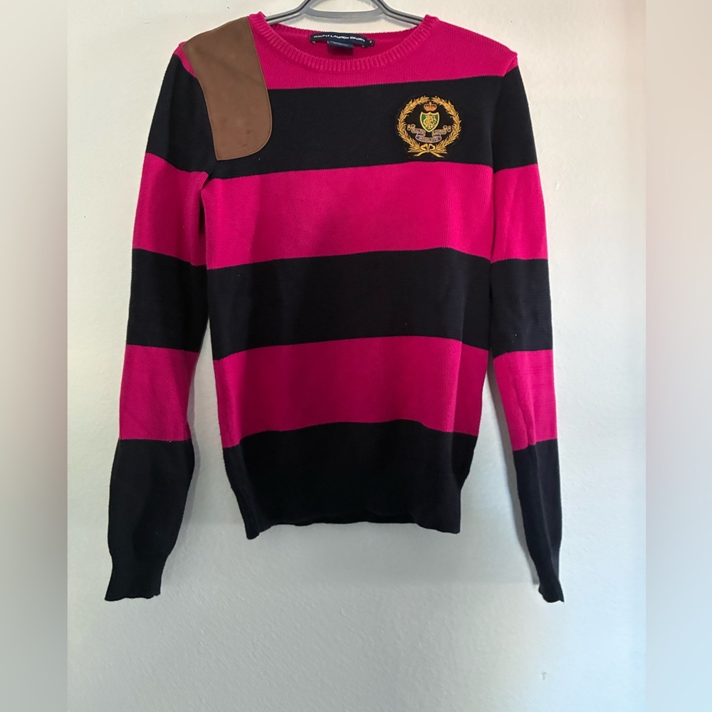 Ralph Lauren Pink and Black Striped Crewneck Sweater